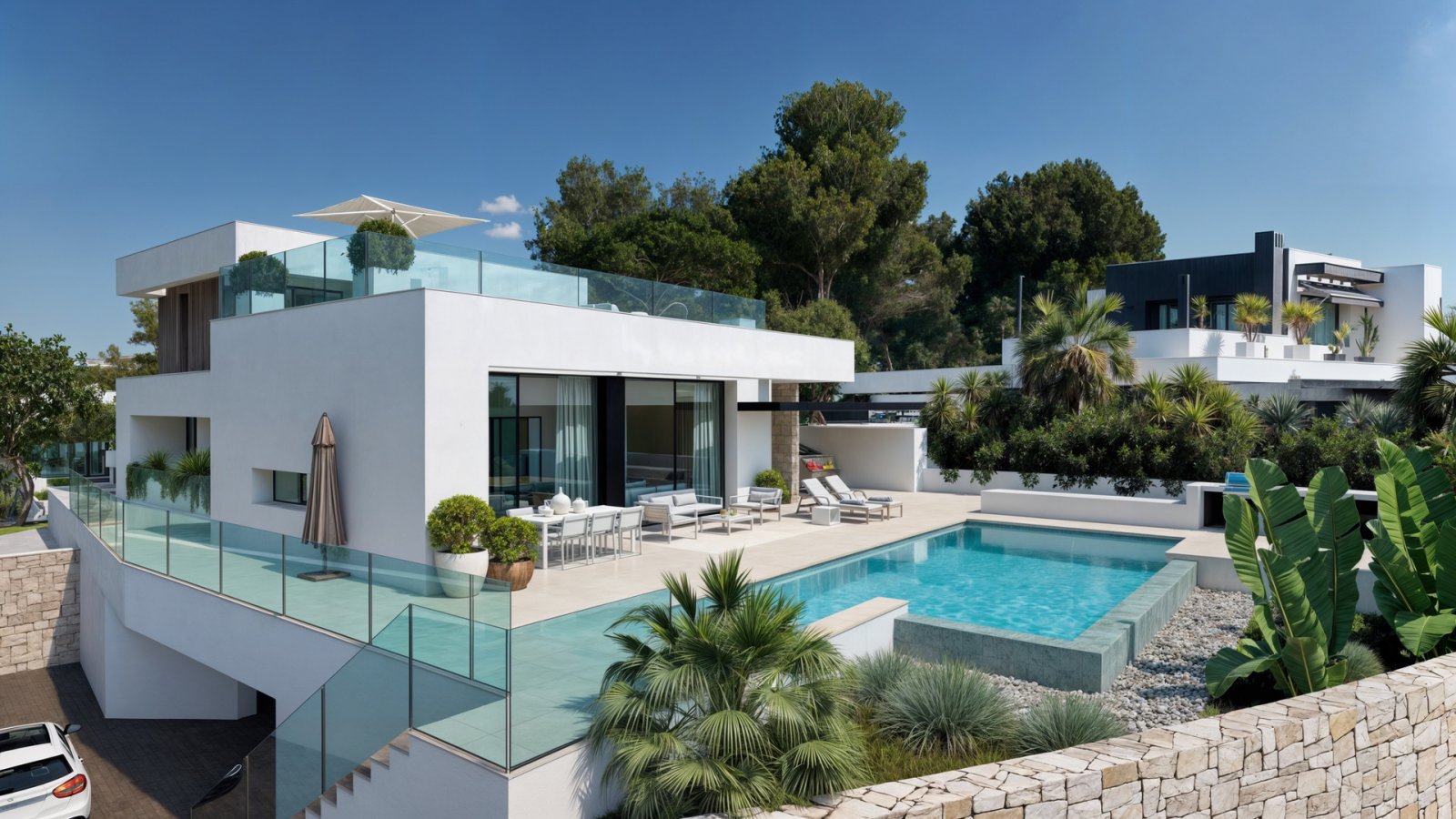  In der exklusiven Gegend von Moraira gelegen, bietet diese Villa eine privilegierte Umgebung mit beeindruckendem Meerblick. Entworfen für diejenigen,