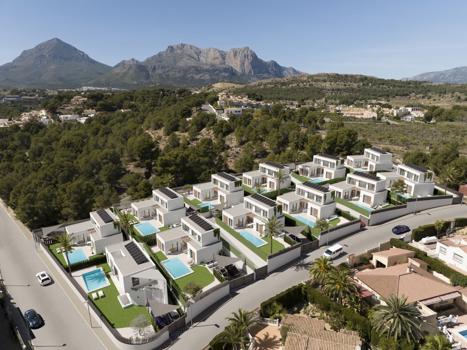 Alfas del Pí:  In der charmanten Ortschaft Alfaz del Pi gelegen, bietet dieses exklusive Ensemble von 11 freistehenden Chalets eine privilegierte Umgebung mit Meerb 