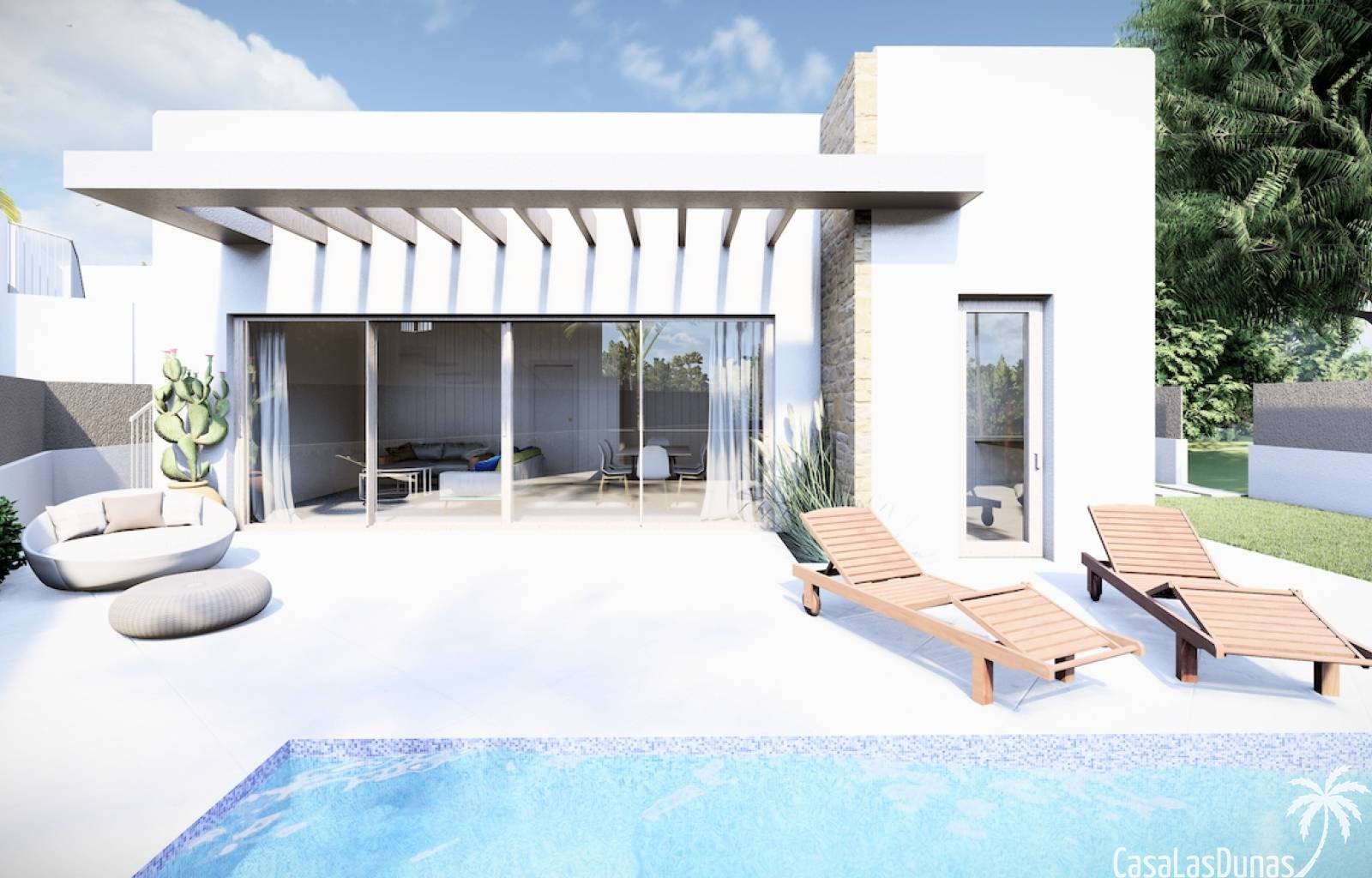  Dieses Projekt bietet fünf verschiedene Häuser, die gebaut wurden, um die spanische Sonne zu nutzen. Für Villen im Ibiza-Stil stehen drei Hauptmodell