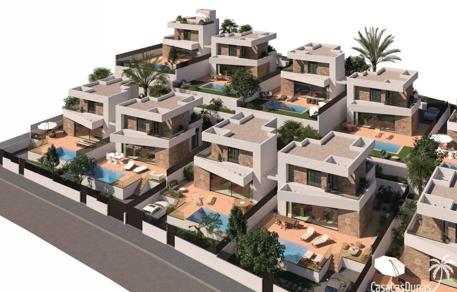 Neuentwicklung von 19 unabhängigen Luxusvillen mit großem Grundstück (+300 m2), privatem Swimmingpool, Süd-/Südwestausrichtung, sorgfältiger Innenarc
