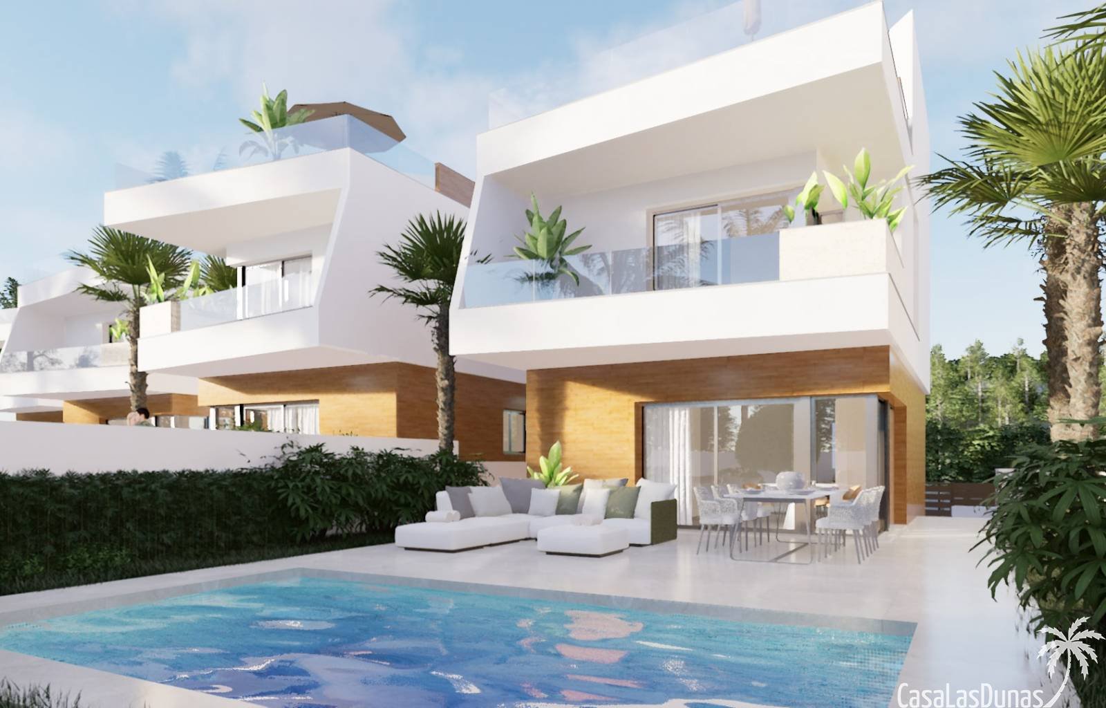 Schöne neue Villen von 128 m2 mit privatem Pool in Pilar de la Horadada. Die Häuser verfügen über 3 Schlafzimmer und 3 Badezimmer und verteilen sich