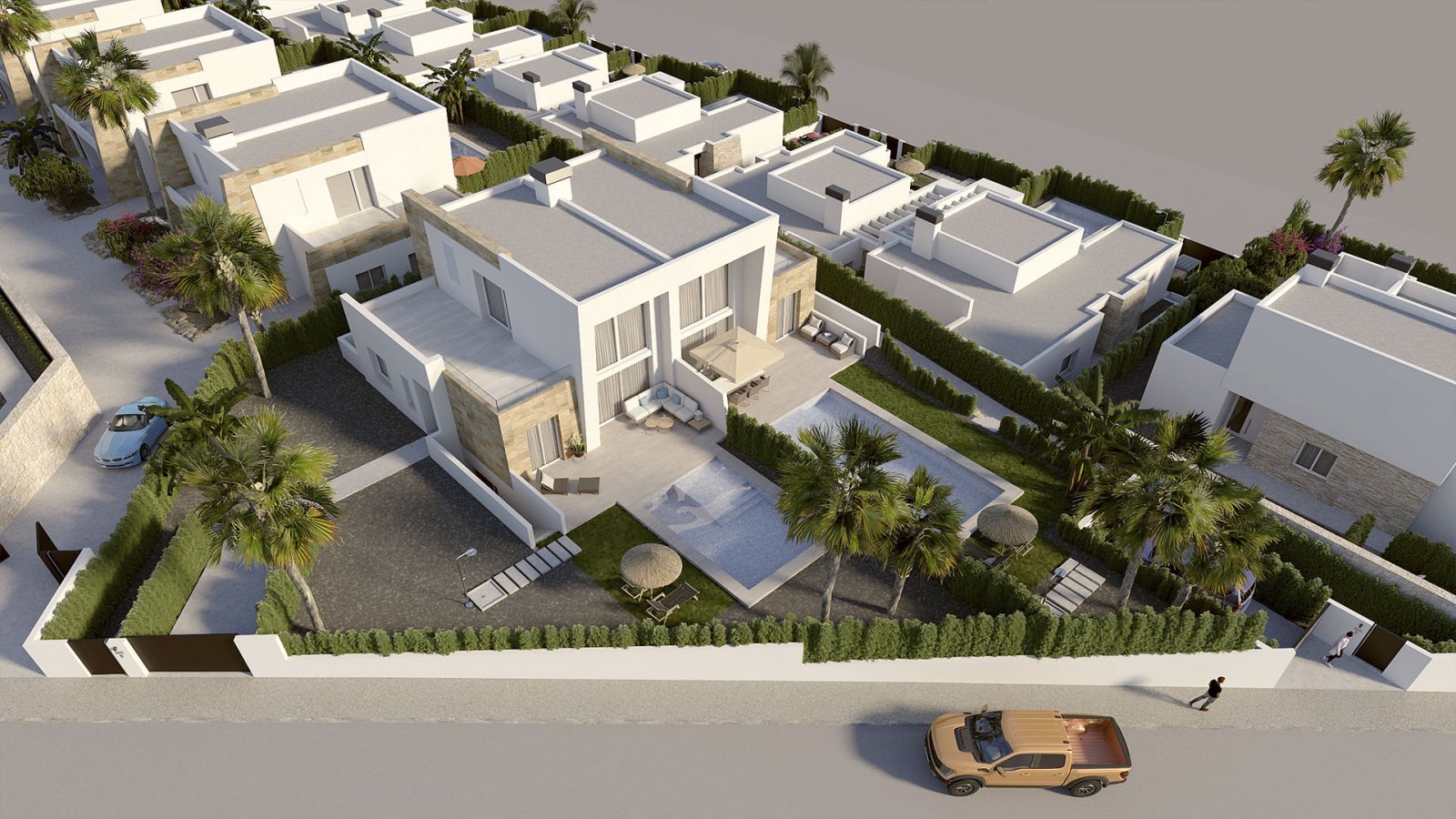 In der prestigeträchtigen Umgebung von La Finca Golf gelegen, bietet diese Wohnanlage eine exklusive Auswahl von 18 Residenzen, verteilt auf Doppelha