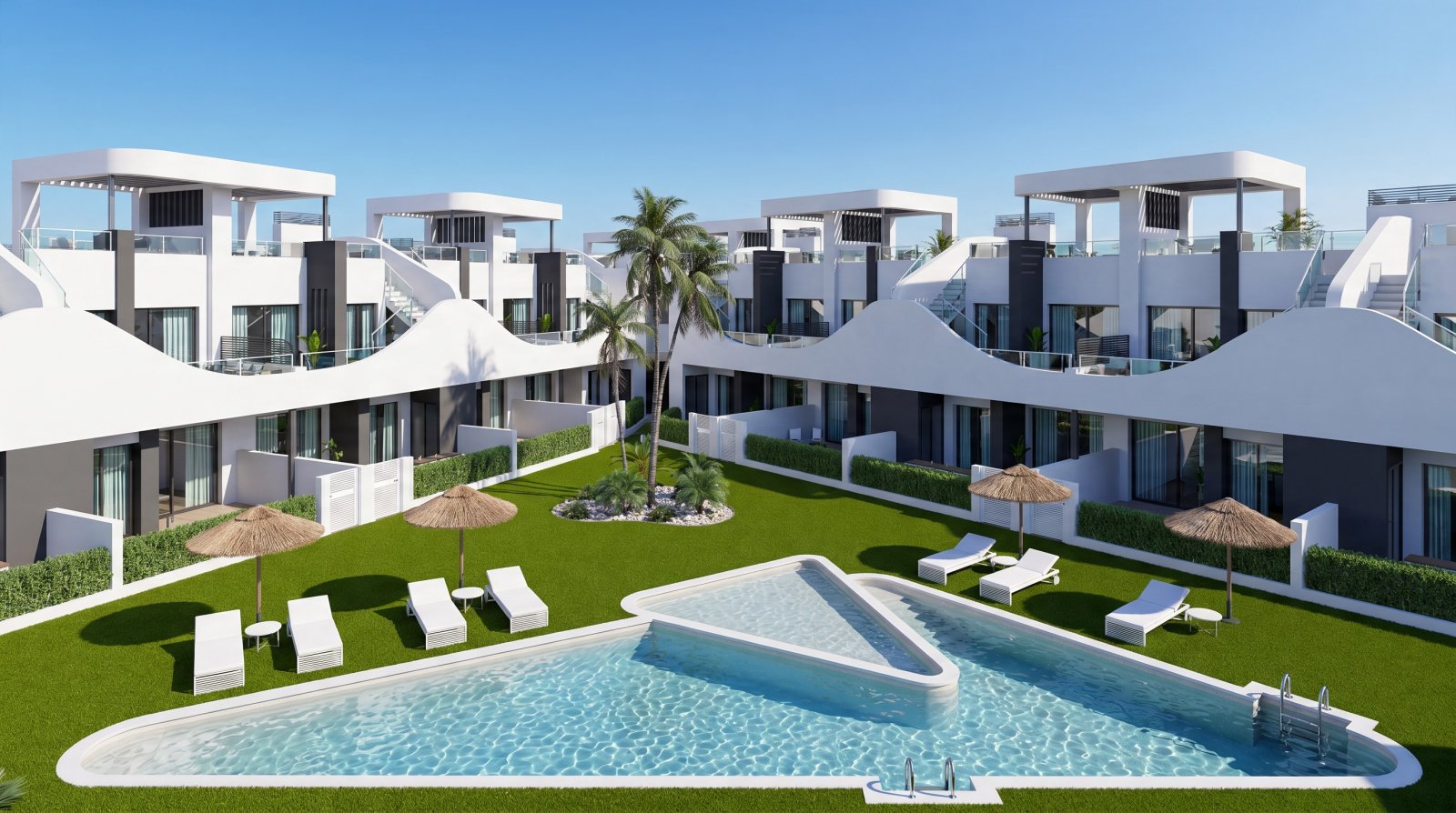 Im charmanten Ort San Fulgencio gelegen, bietet dieser Wohnkomplex eine Auswahl von 12 Bungalows, unterteilt in zwei Typologien: High-Bungalow und Lo