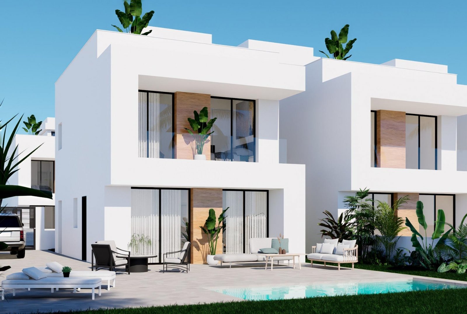 
												NEU gebaute Doppelhaushälfte in LA ZENIA - nur wenige Gehminuten von allen Annehmlichkeiten und dem Strand entfernt!

Diese moderne 176m2