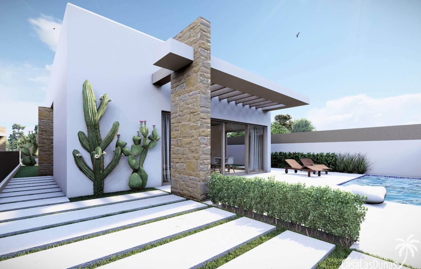 Dieses Projekt bietet fünf verschiedene Häuser, die gebaut wurden, um die spanische Sonne zu nutzen. Für Villen im Ibiza-Stil stehen drei Hauptmodell