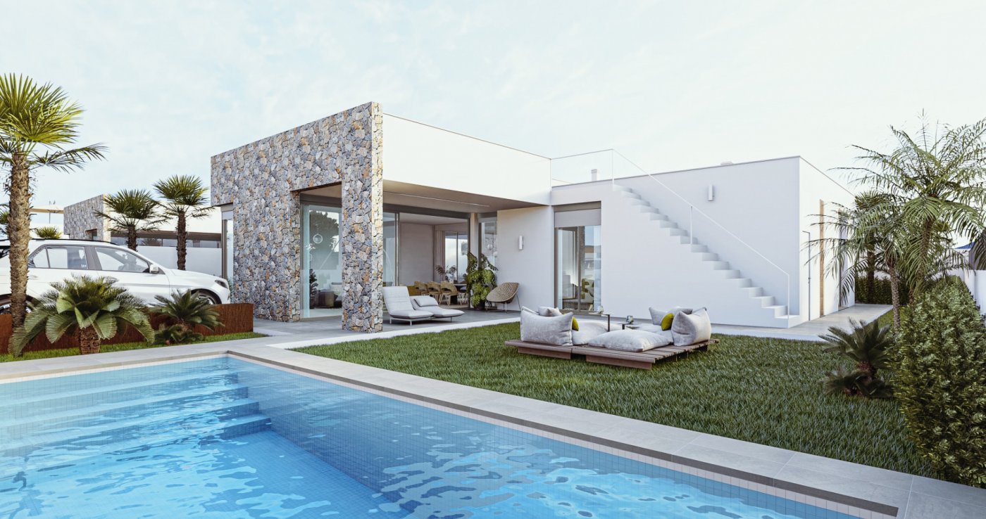 
												NEU GEBAUTE VILLEN IN MAR DE CRISTAL -  
 
Fabelhafte einstöckige Villa mit 3 Schlafzimmern, 2 Bädern, privater Sonnenterrasse, Schwimmba