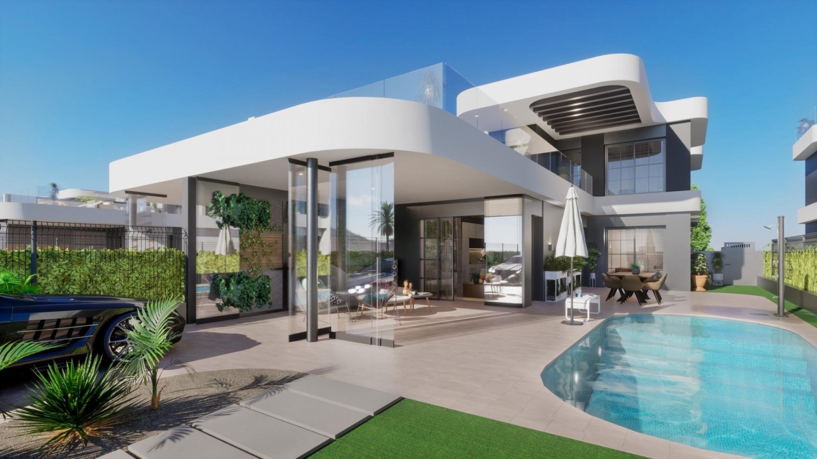 
												NEU GEBAUTE DOPPELHAUSHÄLFTEN IN LOS ALCAZARES Moderne Neubau-Doppelhaushälften mit 3 Schlafzimmern, 2 Bädern, offener Küche und Wohnbere