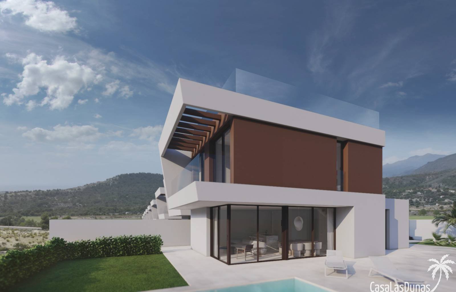 Diese prächtigen modernen Villen mit Blick auf die Bucht von Benidorm werden im lebhaften Viertel Finestrat gebaut. Das Standardhaus verfügt über 3 S