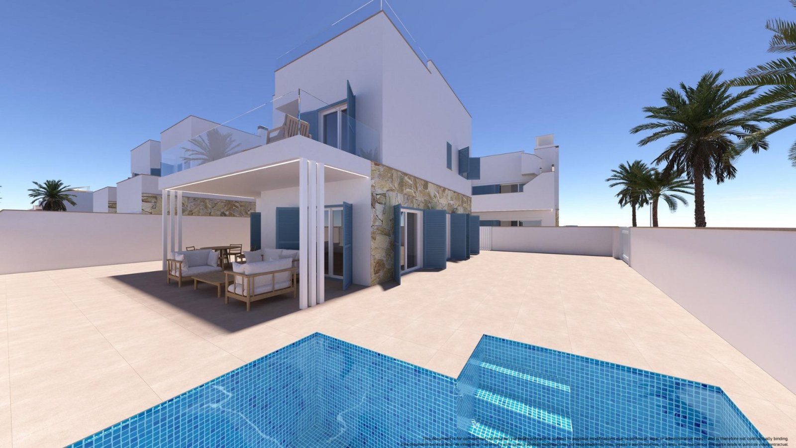 NEU GEBAUTE VILLA IN TORRE DE LA HORADADA
Neubau-Villa in einer Wohnanlage mit Gemeinschaftspool in Torre de la Horadada, 800 m vom Stra
