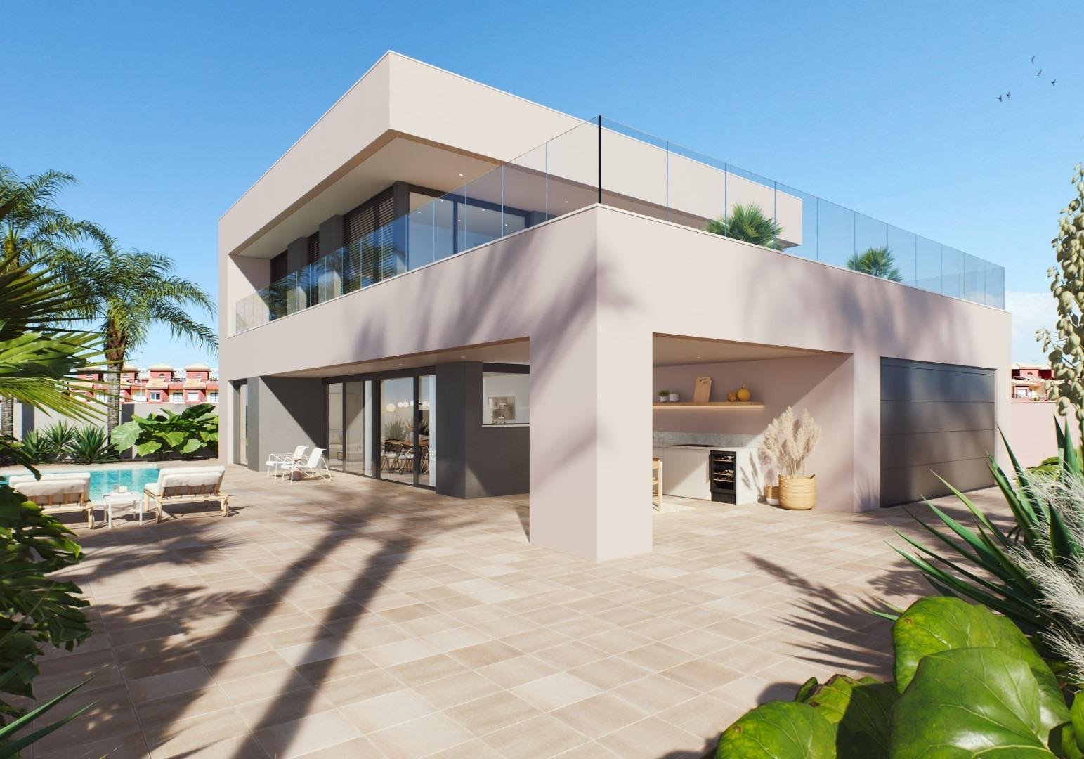 NEUBAU-VILLA IN TORRE DE LA HORADADA
Moderne Neubau-Villa in der Nähe von Higuericas Strand in Torre de la Horadada.
Die Villa besteht