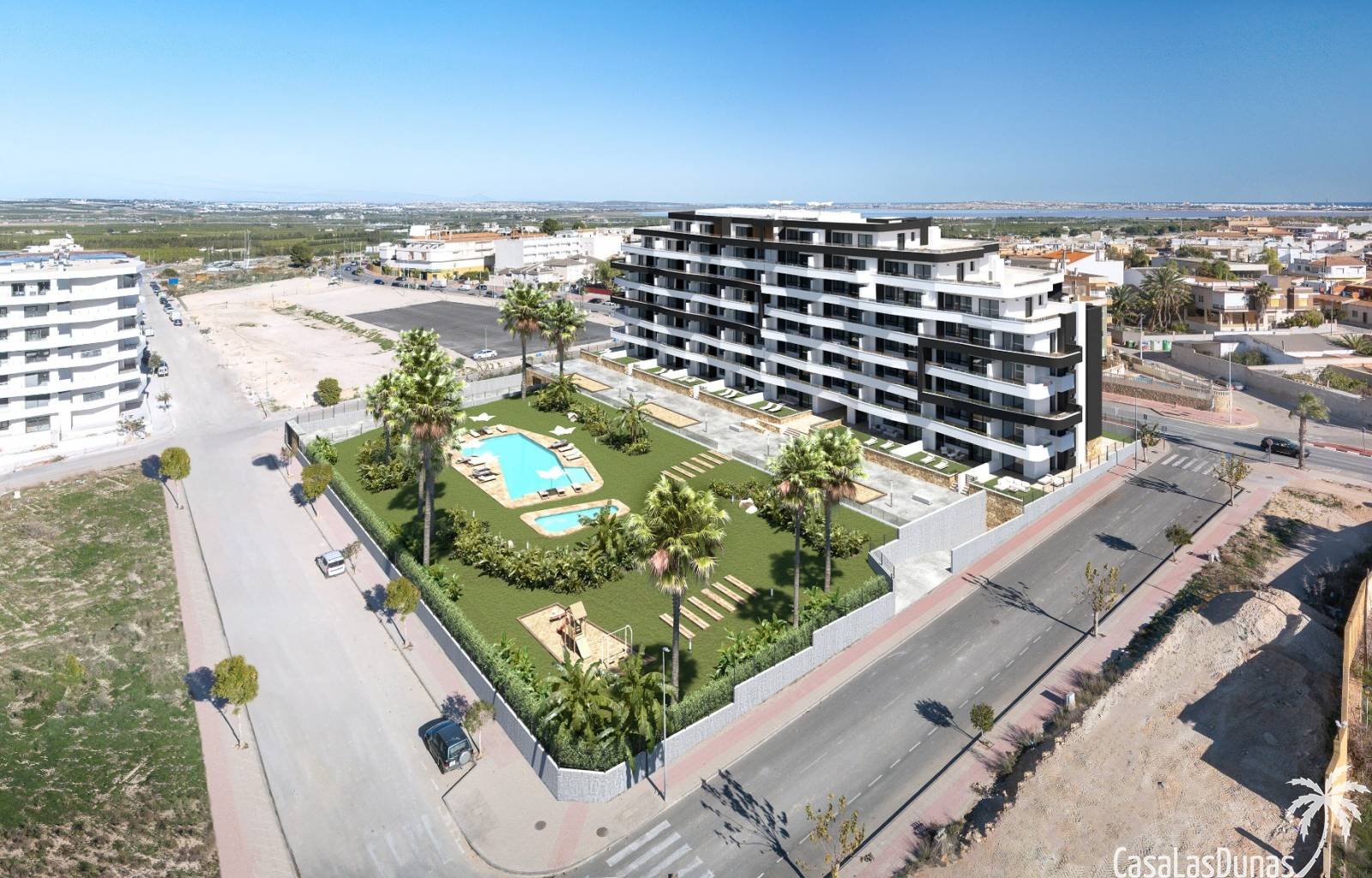 Wir bieten Ihnen einen schönen neuen Komplex bestehend aus Apartments mit Terrasse, 2 Schlafzimmern und 2 Bädern, einem Gemeinschaftspool und einem P