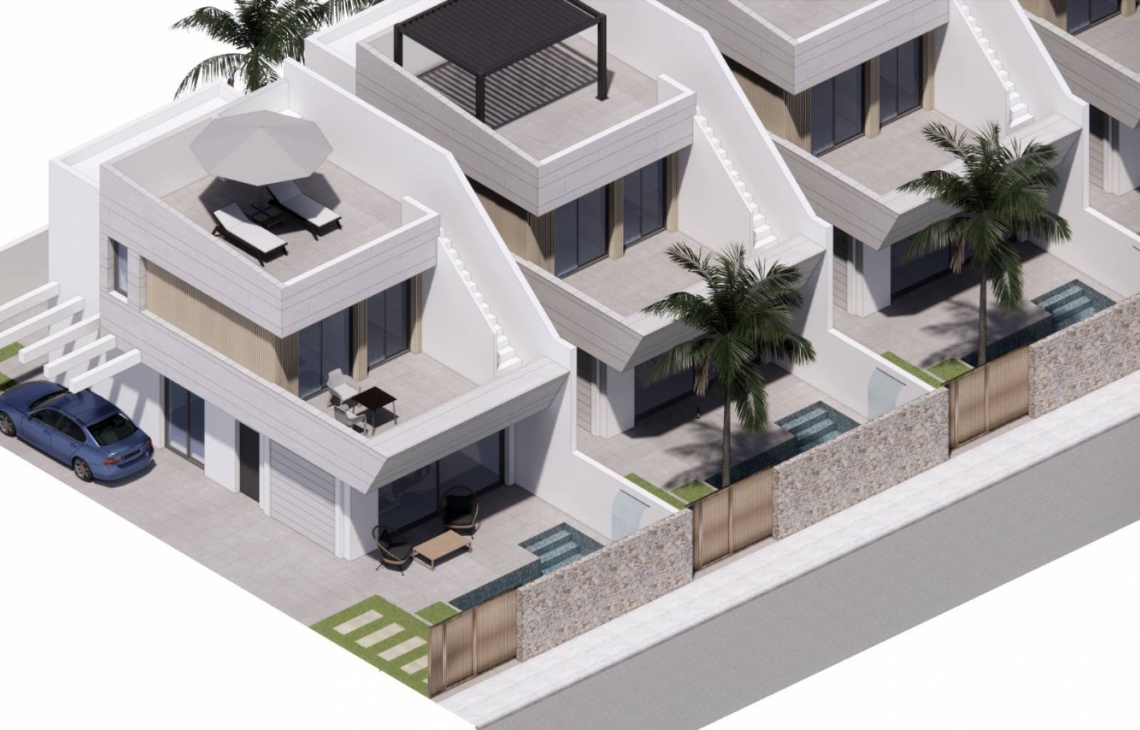 Diese schönen Einfamilienhäuser sind nur 1 km vom Sandstrand von Mar Menor und 8 km vom Mittelmeer entfernt gebaut. Die Häuser sind lebenssicher, was