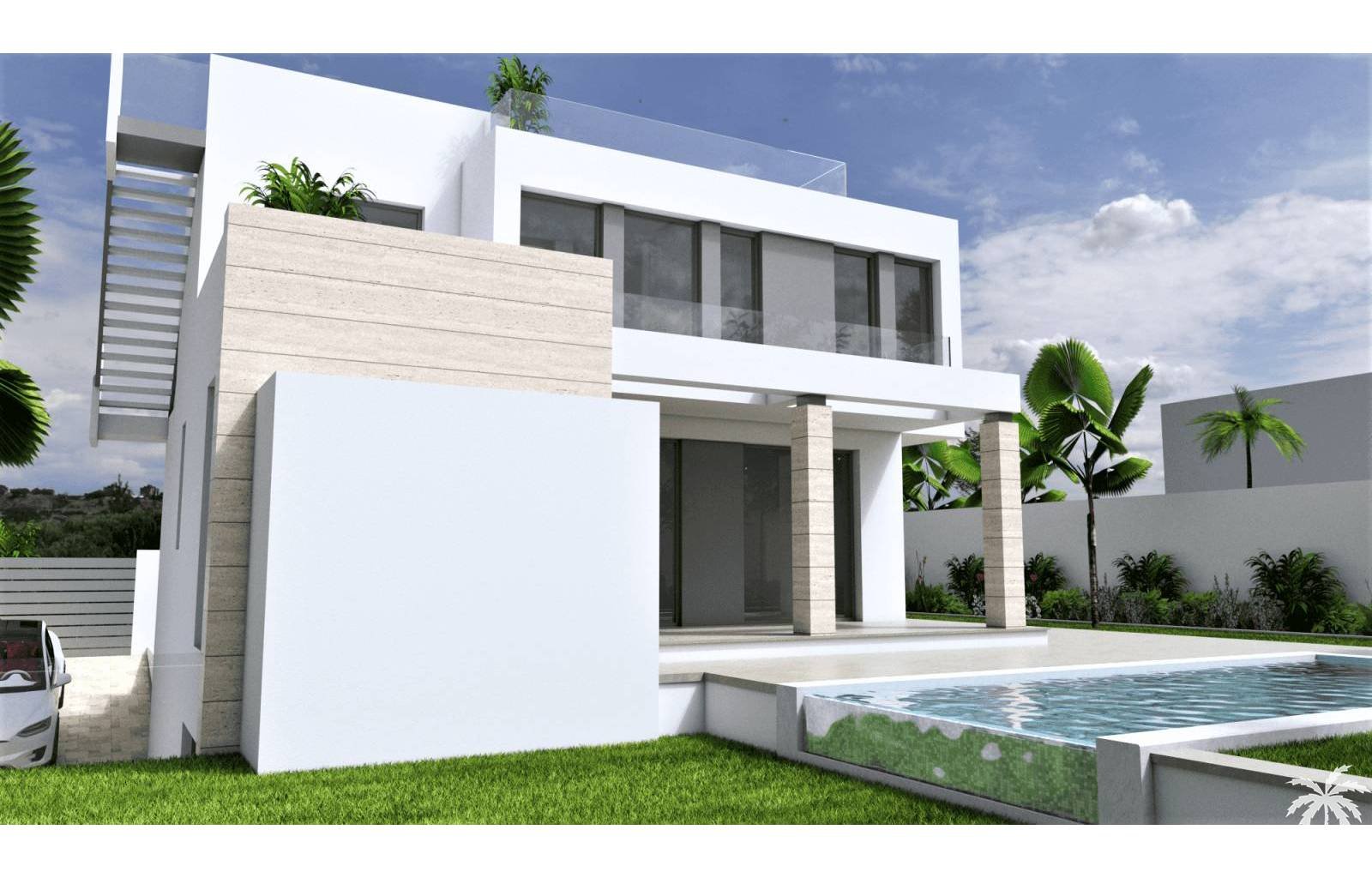 In guter Lage in einer ruhigen Wohngegend von Torrevieja entstehen 3 luxuriöse und moderne Villen. Es gibt 2 Grundstücke mit 385 m² und ein Grundstüc