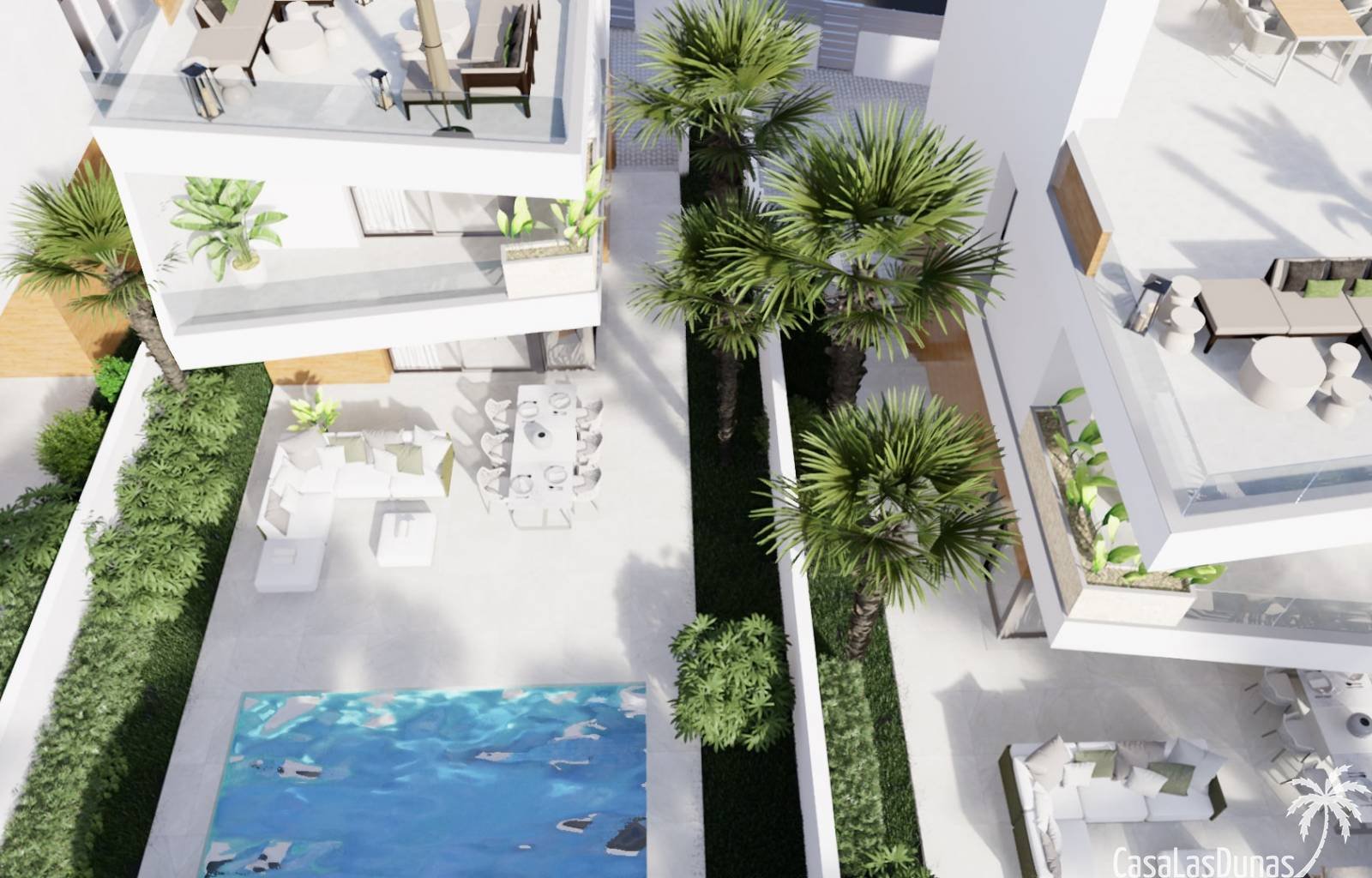 Schöne neue Villen von 128 m2 mit privatem Pool in Pilar de la Horadada. Die Häuser verfügen über 3 Schlafzimmer und 3 Badezimmer und verteilen sich