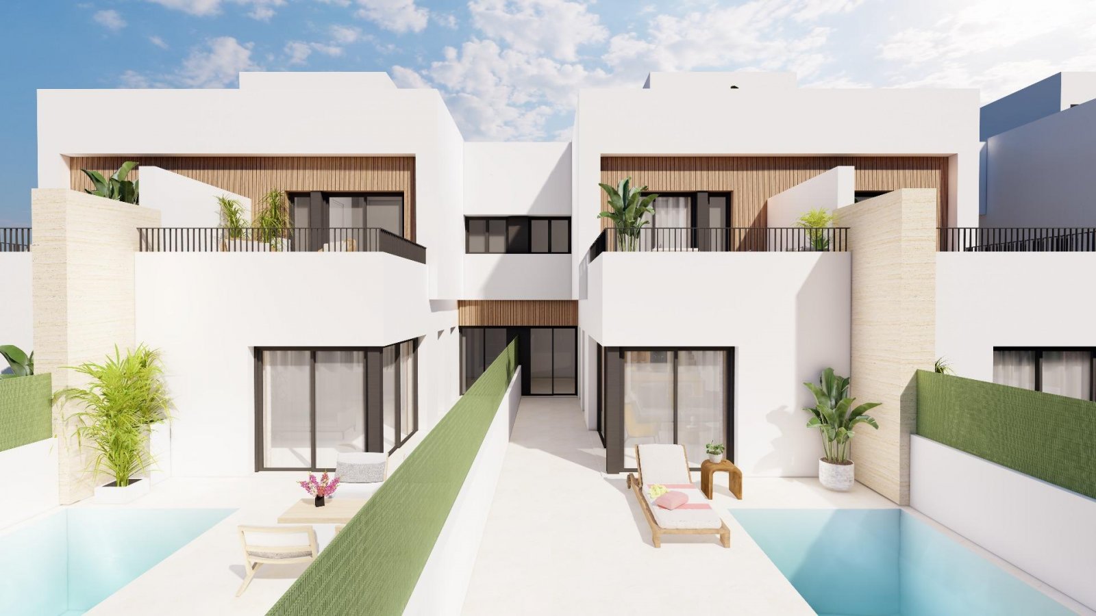 Moderne Reihenhäuser mit privatem Pool in Meeresnähe in Santiago de la Ribera
Das Projekt befindet sich in der Gegend von San Blas in Sa