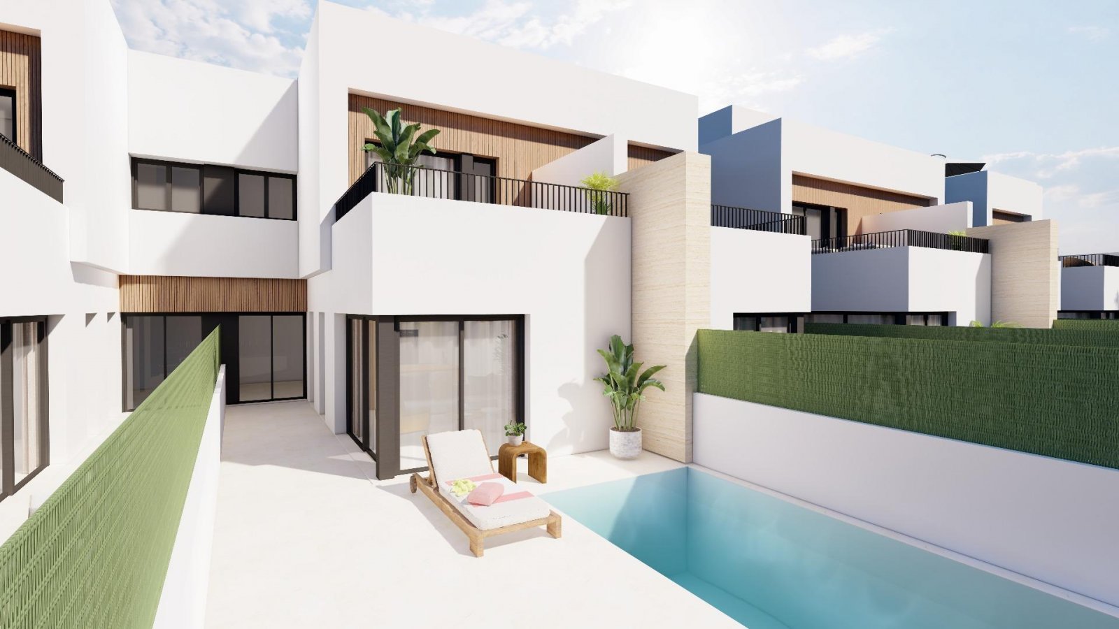 Moderne Reihenhäuser mit privatem Pool in Meeresnähe in Santiago de la Ribera
Das Projekt befindet sich in der Gegend von San Blas in Sa