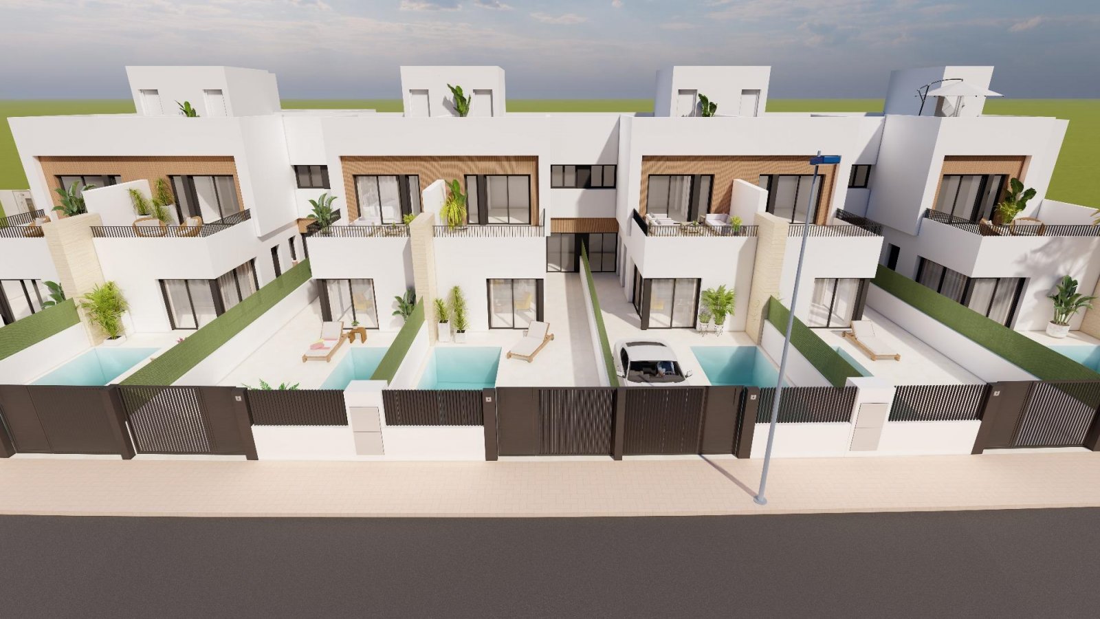 Moderne Reihenhäuser mit privatem Pool in Meeresnähe in Santiago de la Ribera
Das Projekt befindet sich in der Gegend von San Blas in Sa