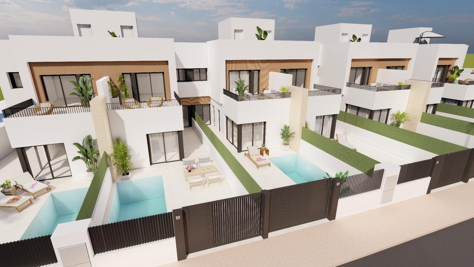Moderne Reihenhäuser mit privatem Pool in Meeresnähe in Santiago de la Ribera
Das Projekt befindet sich in der Gegend von San Blas in Sa