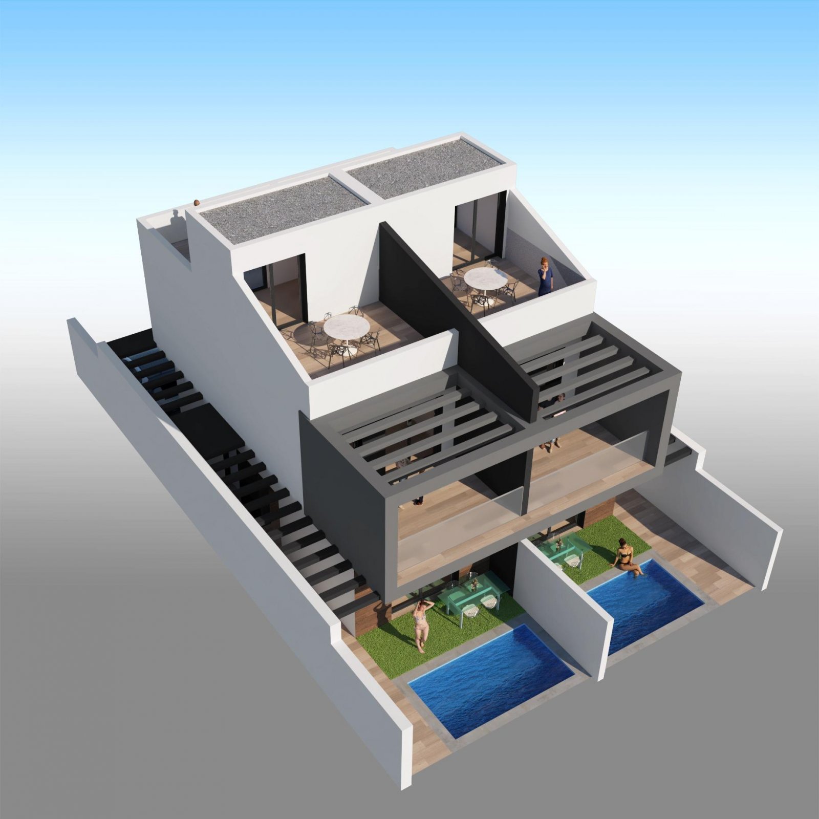Moderne Doppelhaushälften mit privatem Pool in Meeresnähe in Santiago de la Ribera
Exklusive Neubauten nur 1 km vom Strand entfernt
Entd