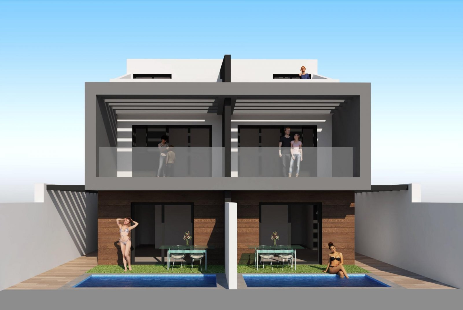 Moderne Doppelhaushälften mit privatem Pool in Meeresnähe in Santiago de la Ribera
Exklusive Neubauten nur 1 km vom Strand entfernt
Entd