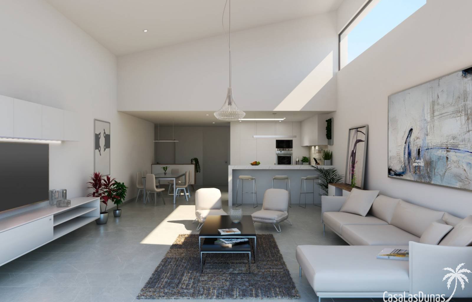 Das architektonische Profil des Daches mit einfachen, aber ausdrucksstarken Linien beherbergt die Sonnenkollektoren, die das Haus mit Energie versorg