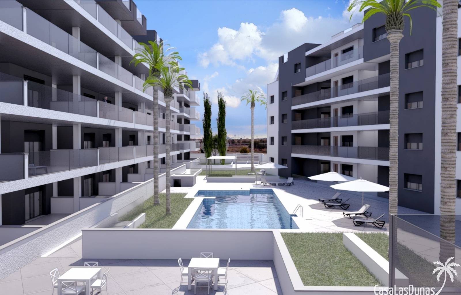 Los Alcazares:  Dieser neue Komplex wird im Dorf Los Alcazares gebaut, nur 2,5 km von Mar Menor entfernt. Die Apartments sind sehr geräumig und verfügen über einen p 