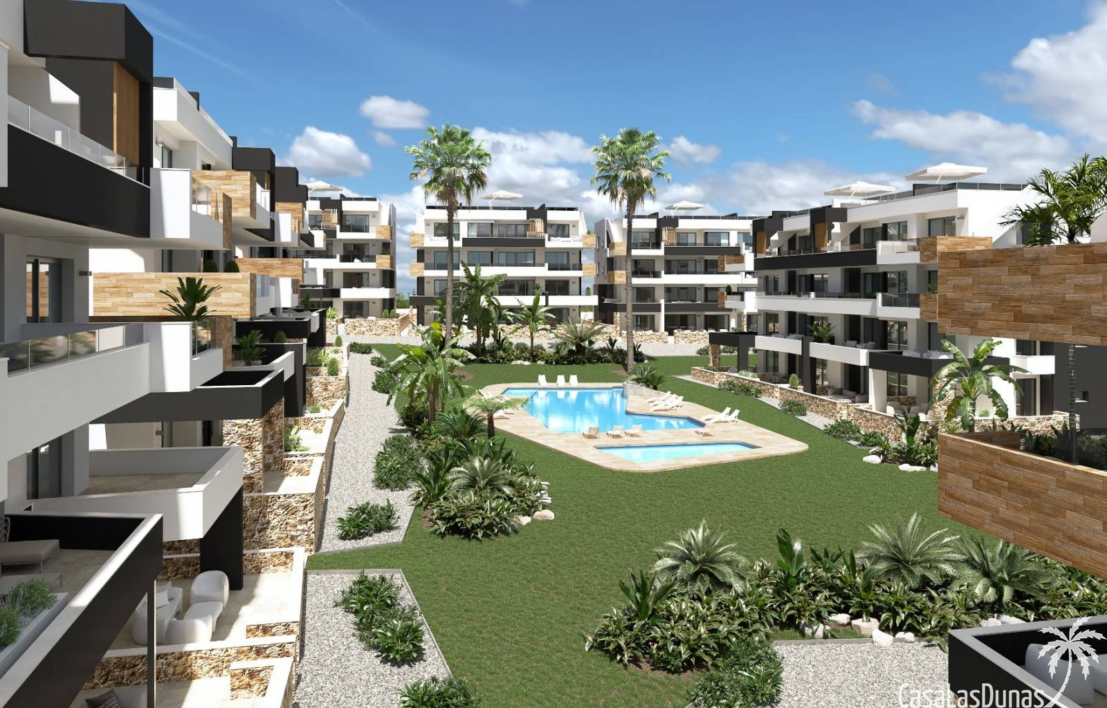 Diese neue Wohnanlage besteht aus 106 Wohnungen mit großen Terrassen. Komplett eingerichtete Apartments mit 2 Schlafzimmern und 2 Bädern und Penthäus