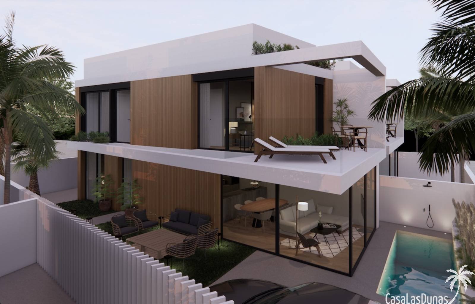 Die Luxusvillen in Torre de la Horadada liegen in Strandnähe. Diese modern aussehenden Villen haben zwei Etagen, drei Schlafzimmer und drei Badezimme