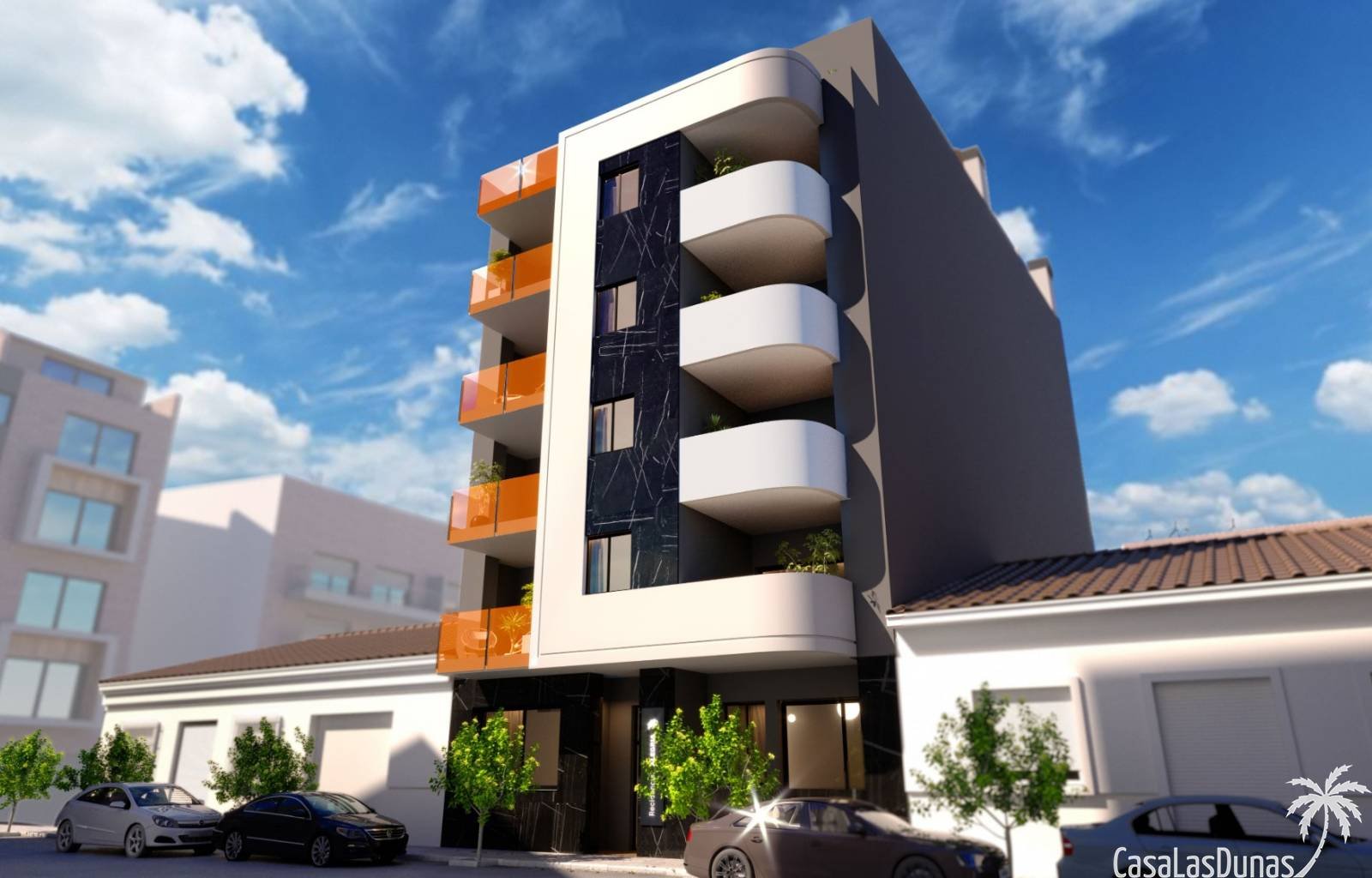 Torrevieja:  Dieser Apartmentkomplex liegt nur 3 Gehminuten vom nächsten Strand in Torrevieja entfernt. Die Häuser verfügen über 2 Schlafzimmer und 2 Badezimmer.  