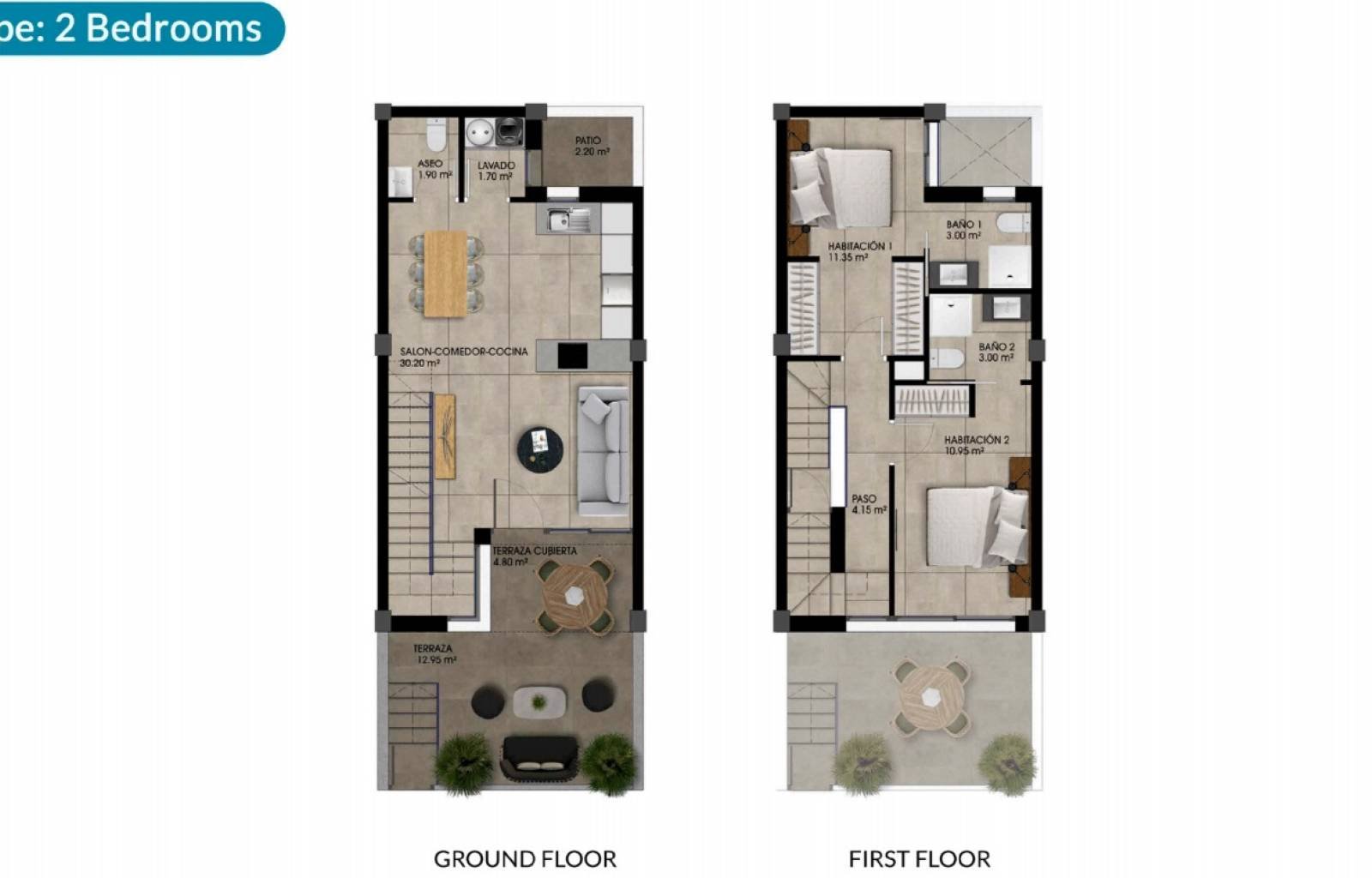 Diese modernen Doppelhaushälften befinden sich im spanischen Dorf Dolores, etwa 10 km vom Sandstrand entfernt. Die Häuser haben alle die gleiche Quad