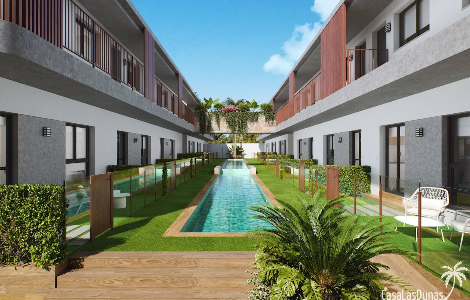 30 prächtige Bungalows bilden diesen seltenen und einzigartigen Wohnkomplex, der mit dem Ziel geschaffen wurde, mit Freunden eine privilegierte Umgeb