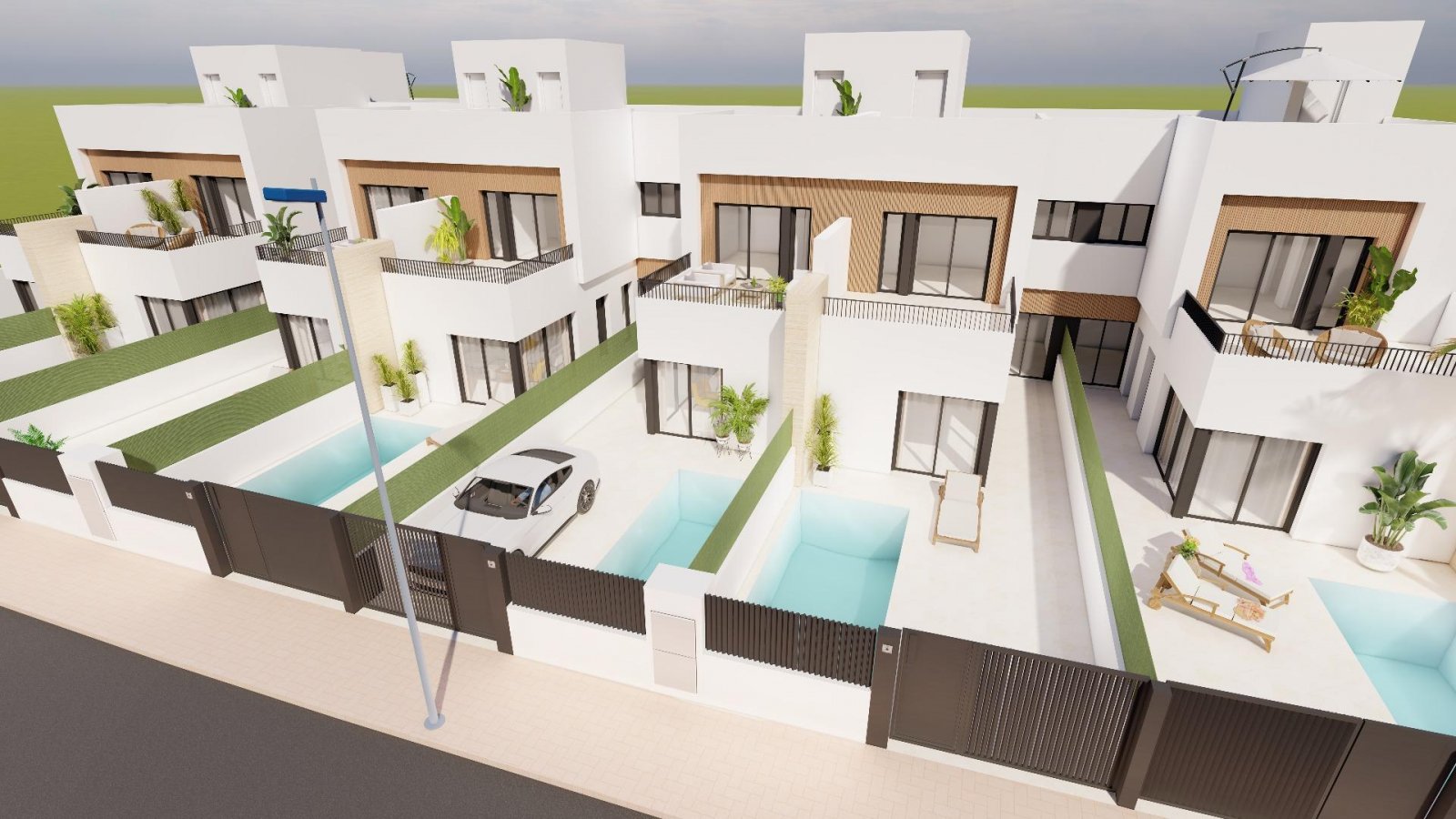 Moderne Reihenhäuser mit privatem Pool in Meeresnähe in Santiago de la Ribera
Das Projekt befindet sich in der Gegend von San Blas in Sa