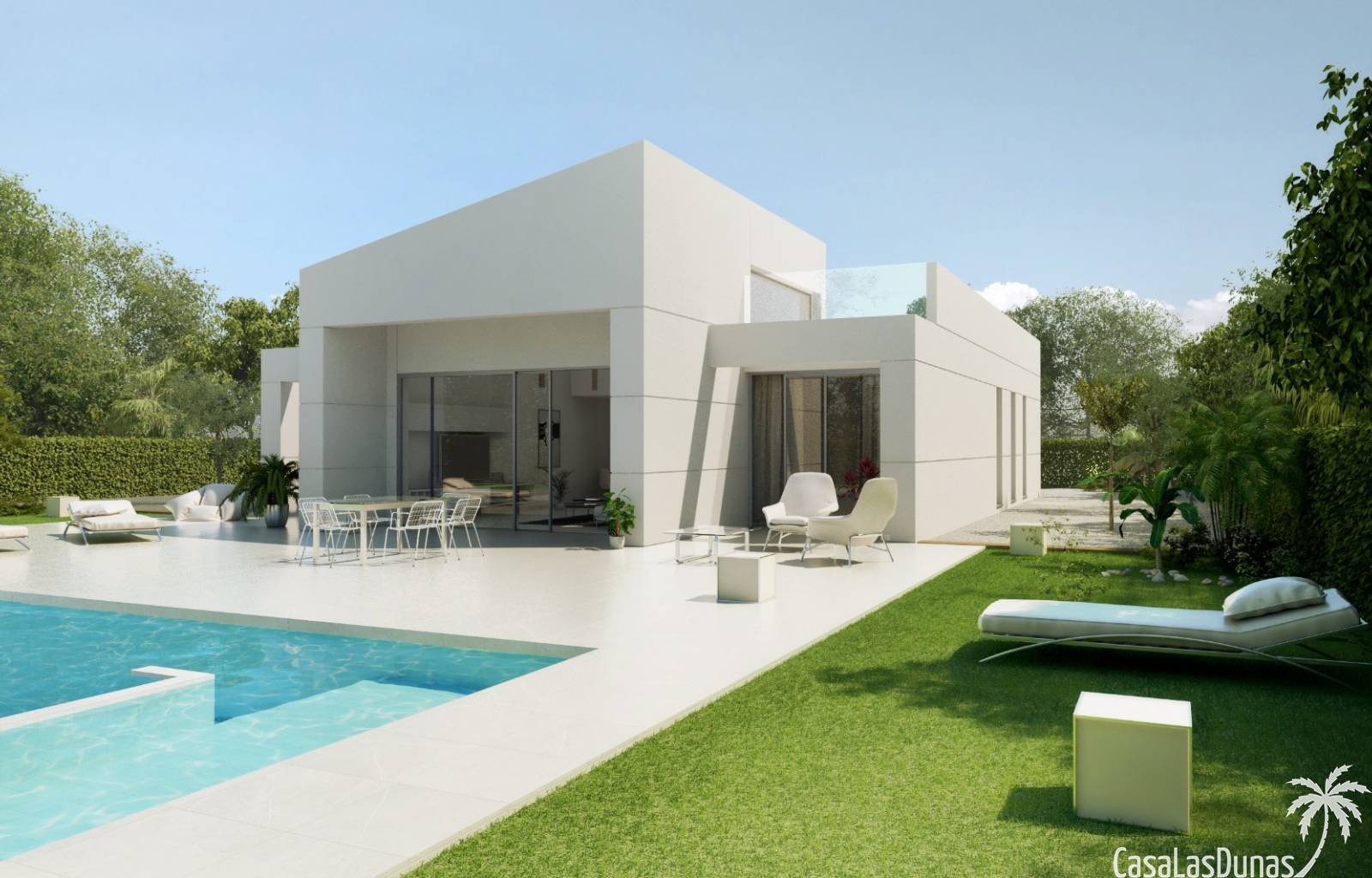 Das architektonische Profil des Daches mit einfachen, aber ausdrucksstarken Linien beherbergt die Sonnenkollektoren, die das Haus mit Energie versorg