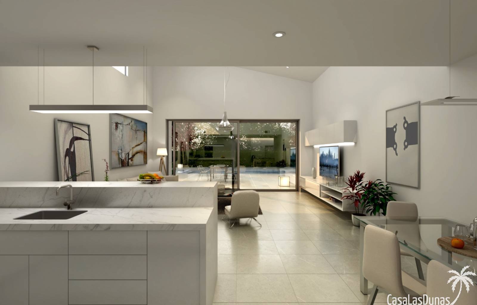 Das architektonische Profil des Daches mit einfachen, aber ausdrucksstarken Linien beherbergt die Sonnenkollektoren, die das Haus mit Energie versorg