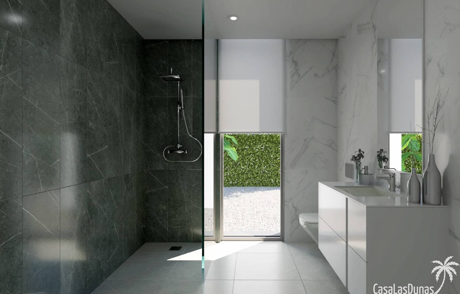 Das architektonische Profil des Daches mit einfachen, aber ausdrucksstarken Linien beherbergt die Sonnenkollektoren, die das Haus mit Energie versorg