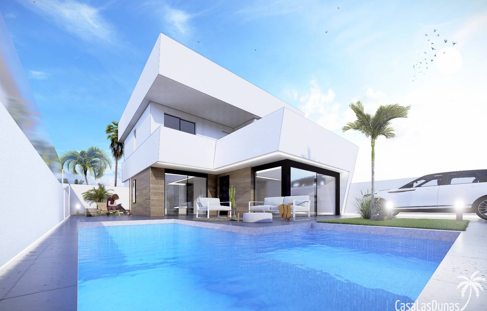  Diese Doppelhaushälften liegen nur 10 Gehminuten vom Strand Mar Menor entfernt. Das Haus ist innen sehr geräumig und verfügt über große Terrassen. Es