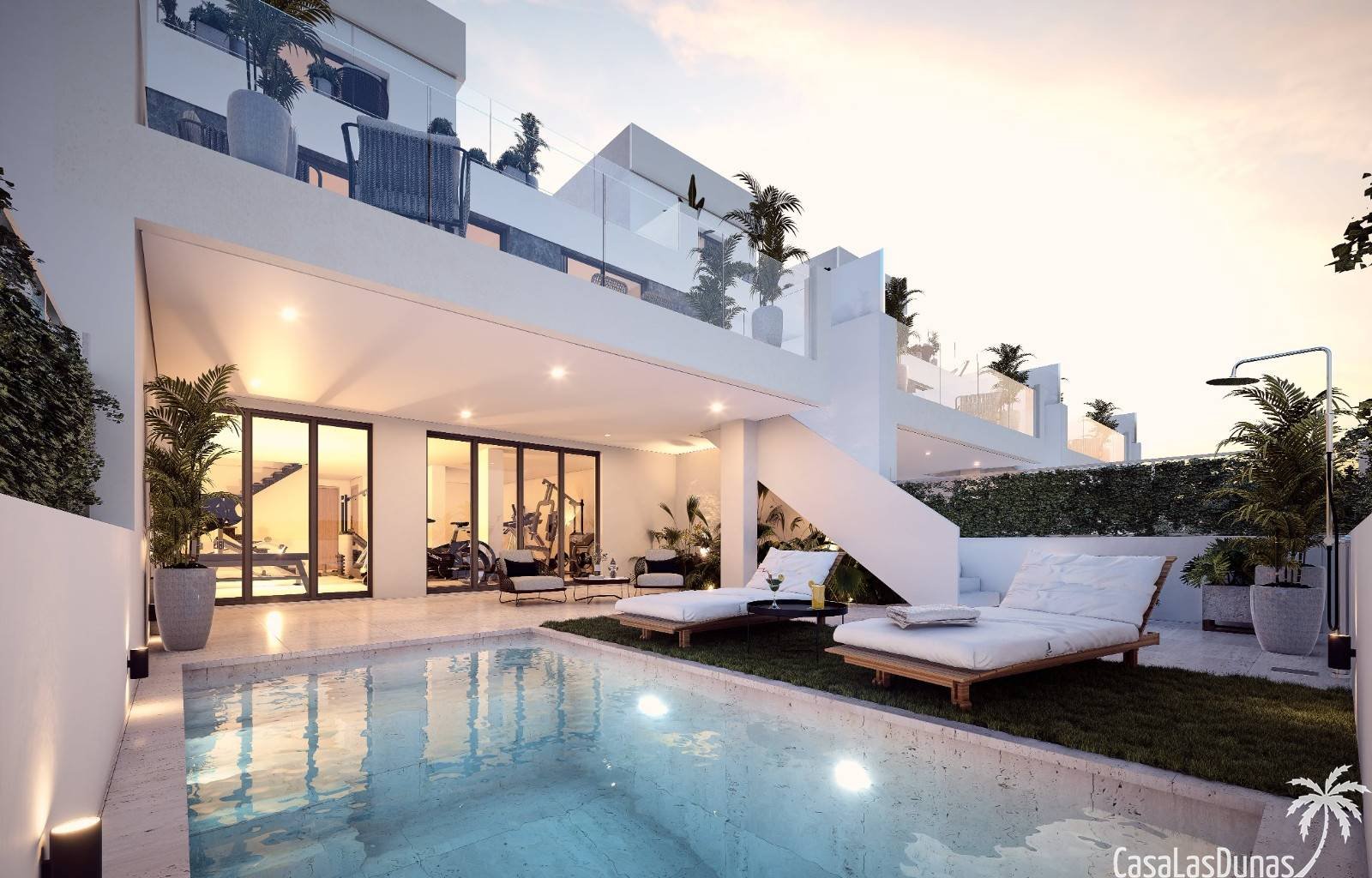  An der Costa Blanca Süd in Los Alcázares entstehen 5 wunderschöne Doppelhaushälften mit privaten Swimmingpools. Die Häuser haben alle einen herrliche