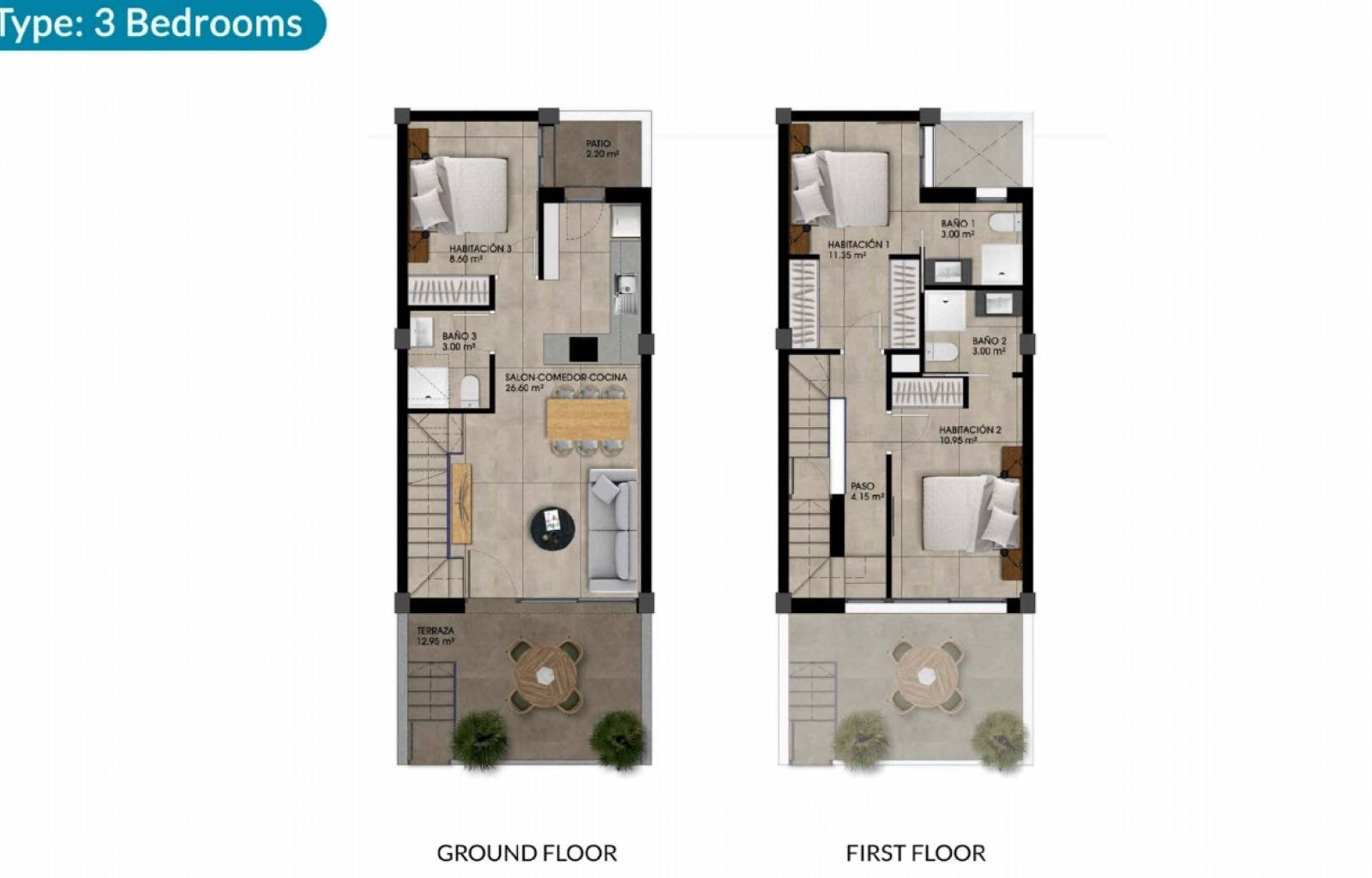 Diese modernen Doppelhaushälften befinden sich im spanischen Dorf Dolores, etwa 10 km vom Sandstrand entfernt. Die Häuser haben alle die gleiche Quad