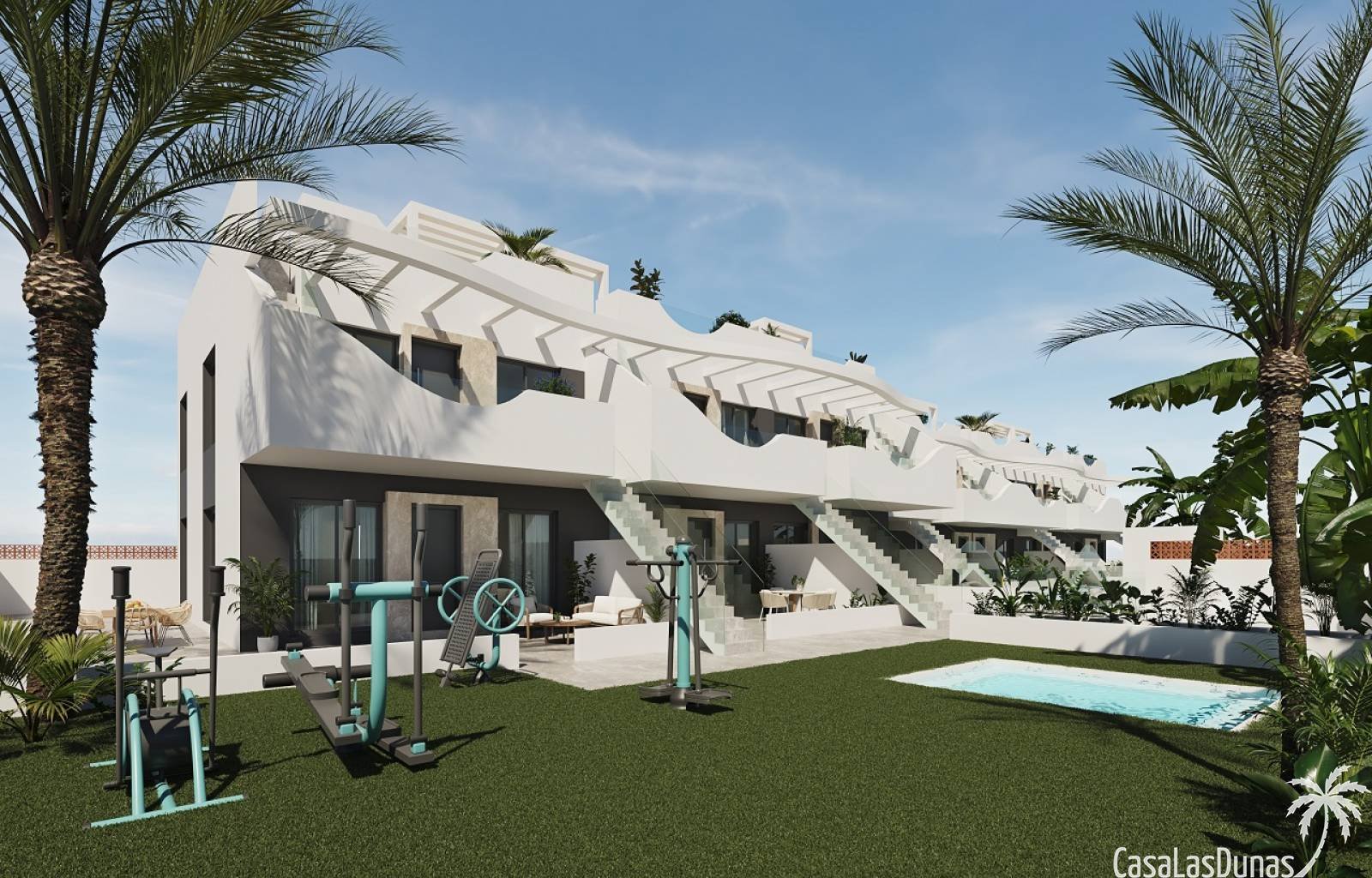 Diese modernen Bungalows im Erdgeschoss und im ersten Stock haben jeweils ihren eigenen Charakter. Das Projekt verfügt über einen gemeinschaftlichen