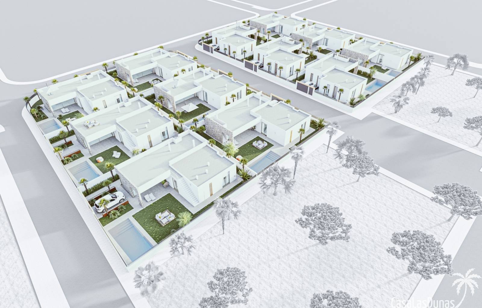  Wunderschöne Villen in Mar de Cristal mit 3 Schlafzimmern und 2 Bädern. Die Häuser haben ein modernes Aussehen kombiniert mit natürlichen Elementen. 