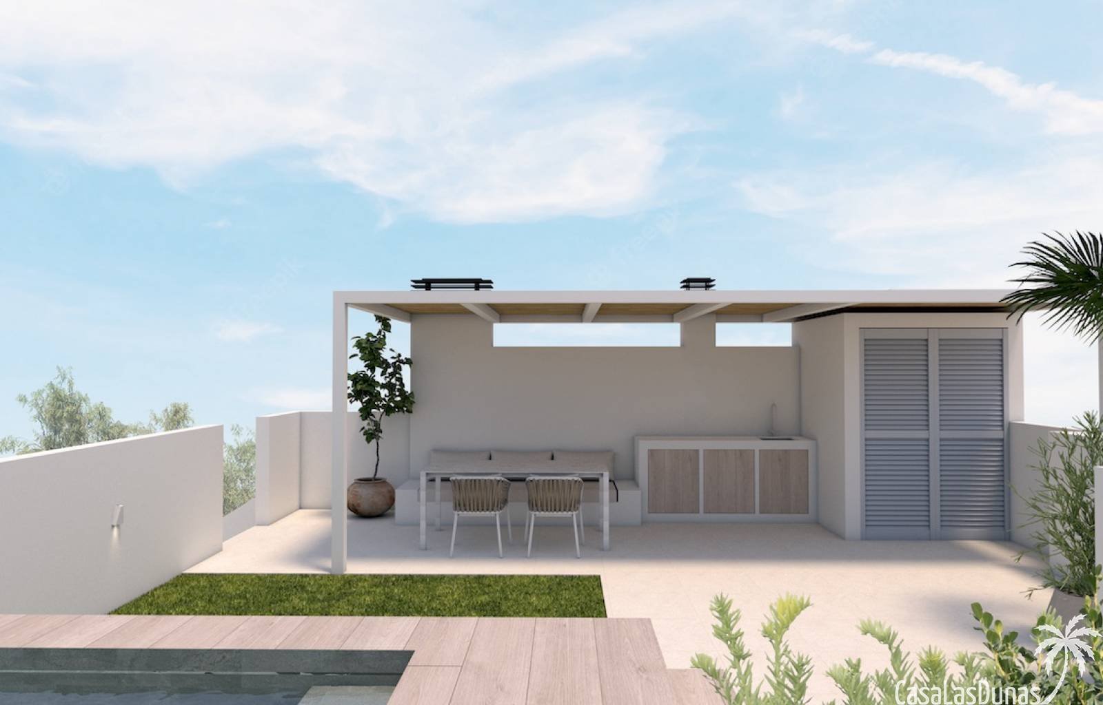  Im Erdgeschoss befinden sich 2 weitere Wohnungen mit Terrasse, großem Garten und privatem Pool. Diese Apartments verfügen außerdem über 3 Schlafzimme