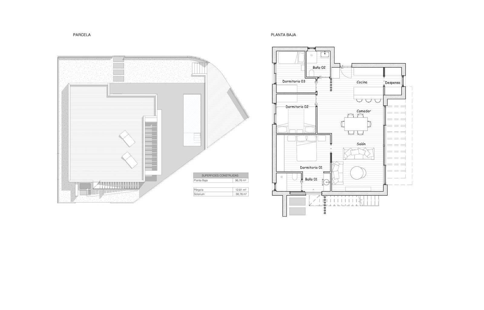  Dieses Projekt bietet fünf verschiedene Häuser, die gebaut wurden, um die spanische Sonne zu nutzen. Für Villen im Ibiza-Stil stehen drei Hauptmodell