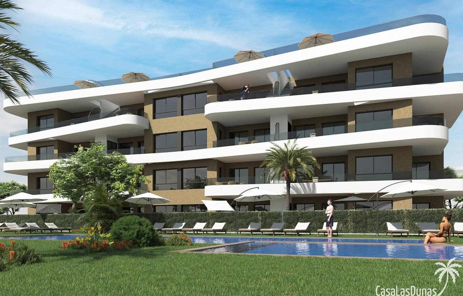  In Punta Prima bauen sie ein neues Wohngebiet, in dem sich diese modernen Apartments und Bungalows befinden. Die Apartments verfügen über 2 bzw. 3 Sc