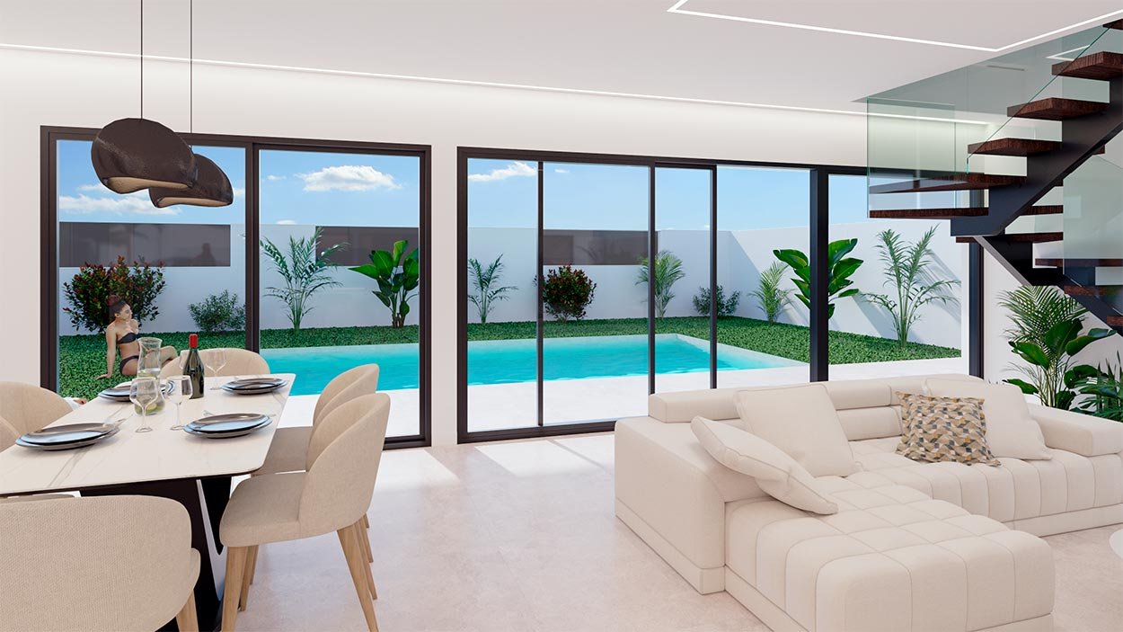  In der charmanten Ortschaft San Pedro del Pinatar gelegen, bietet dieses exklusive freistehende Chalet ein einzigartiges Wohnerlebnis. Nur 2 km vom M