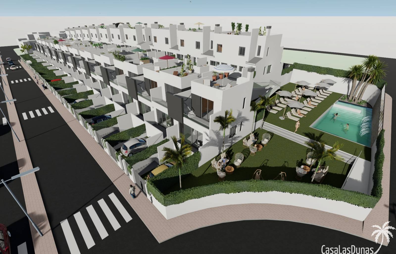 Am Fuße der Sierra de Callosa finden wir diese 44 modernen Doppelhaushälften. Alle Häuser nutzen einen gemeinschaftlichen Swimmingpool und Spielplatz