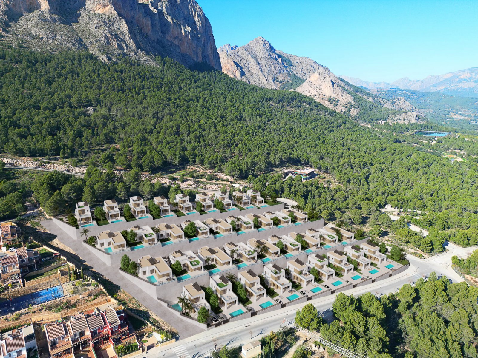  In der charmanten Stadt Polop gelegen, bietet diese exklusive Sammlung von 10 unabhängigen Häusern eine privilegierte Umgebung mit Meerblick. Die Imm