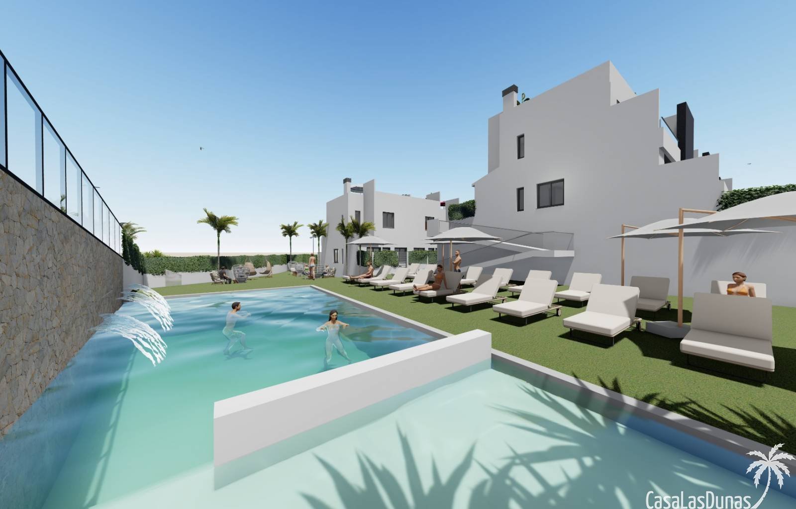 Am Fuße der Sierra de Callosa finden wir diese 44 modernen Doppelhaushälften. Alle Häuser nutzen einen gemeinschaftlichen Swimmingpool und Spielplatz