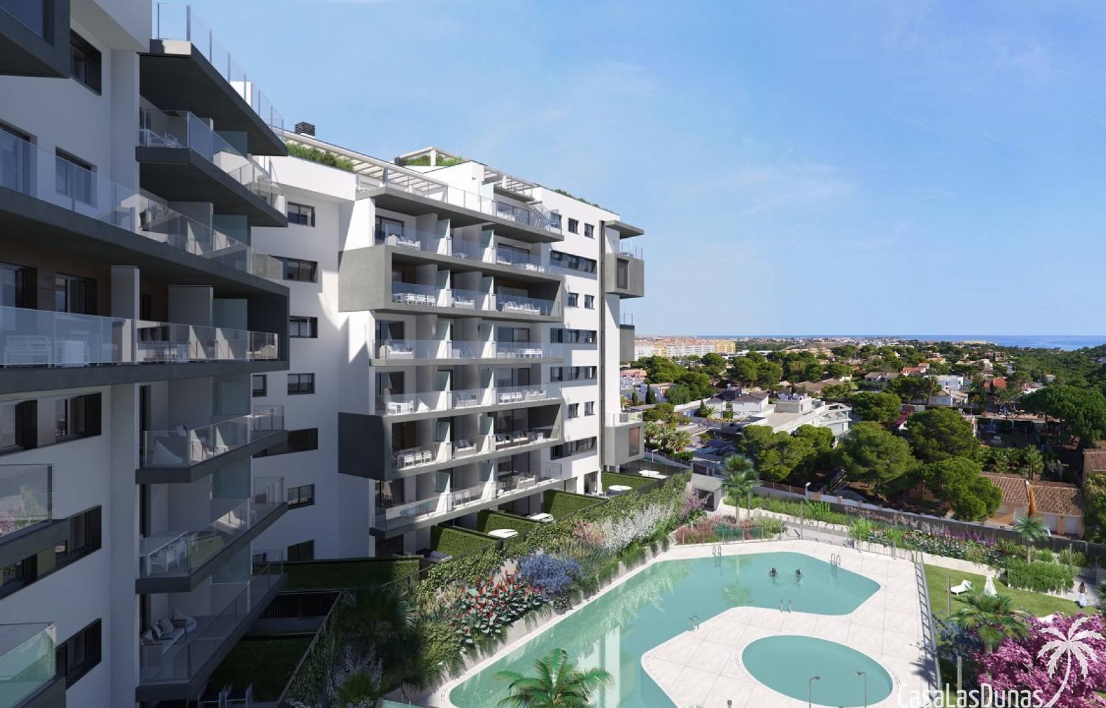 Modernes und zeitloses Neubaugebiet in fußläufiger Entfernung zum Strand in Campoamor. Das Projekt besteht aus Penthäusern mit privatem Solarium, Erd