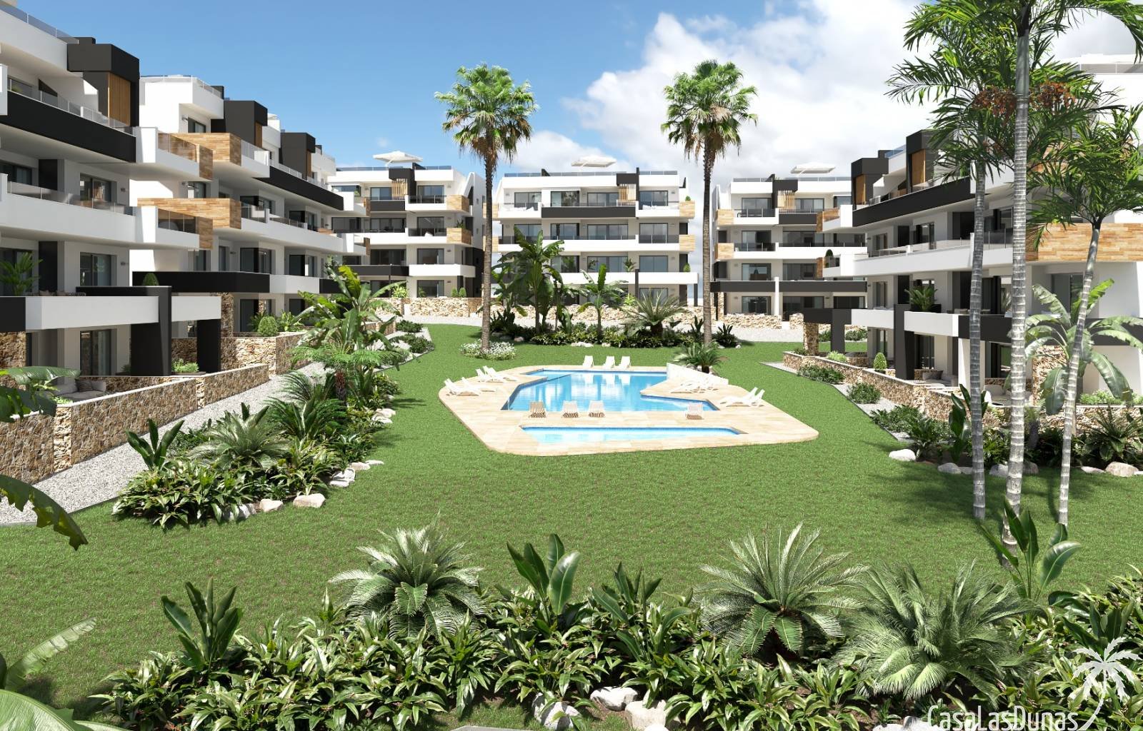 Diese neue Wohnanlage besteht aus 106 Wohnungen mit großen Terrassen. Komplett eingerichtete Apartments mit 2 Schlafzimmern und 2 Bädern und Penthäus