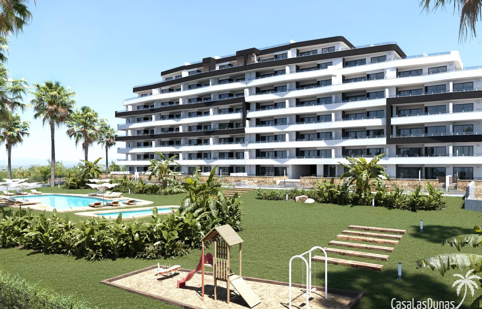 Wir bieten Ihnen einen schönen neuen Komplex bestehend aus Apartments mit Terrasse, 2 Schlafzimmern und 2 Bädern, einem Gemeinschaftspool und einem P